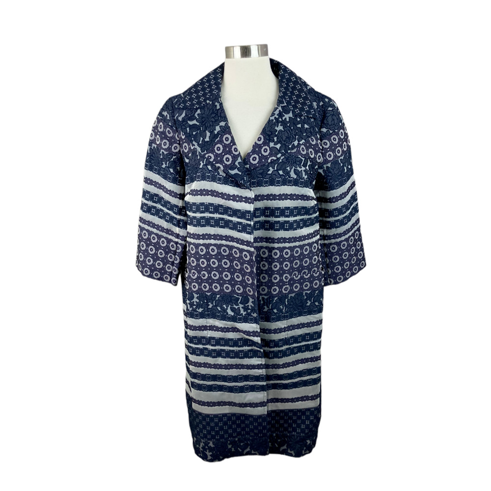 St. John Couture 6 Navy Silver Brocade Single Button Lined Long Coat Pockets